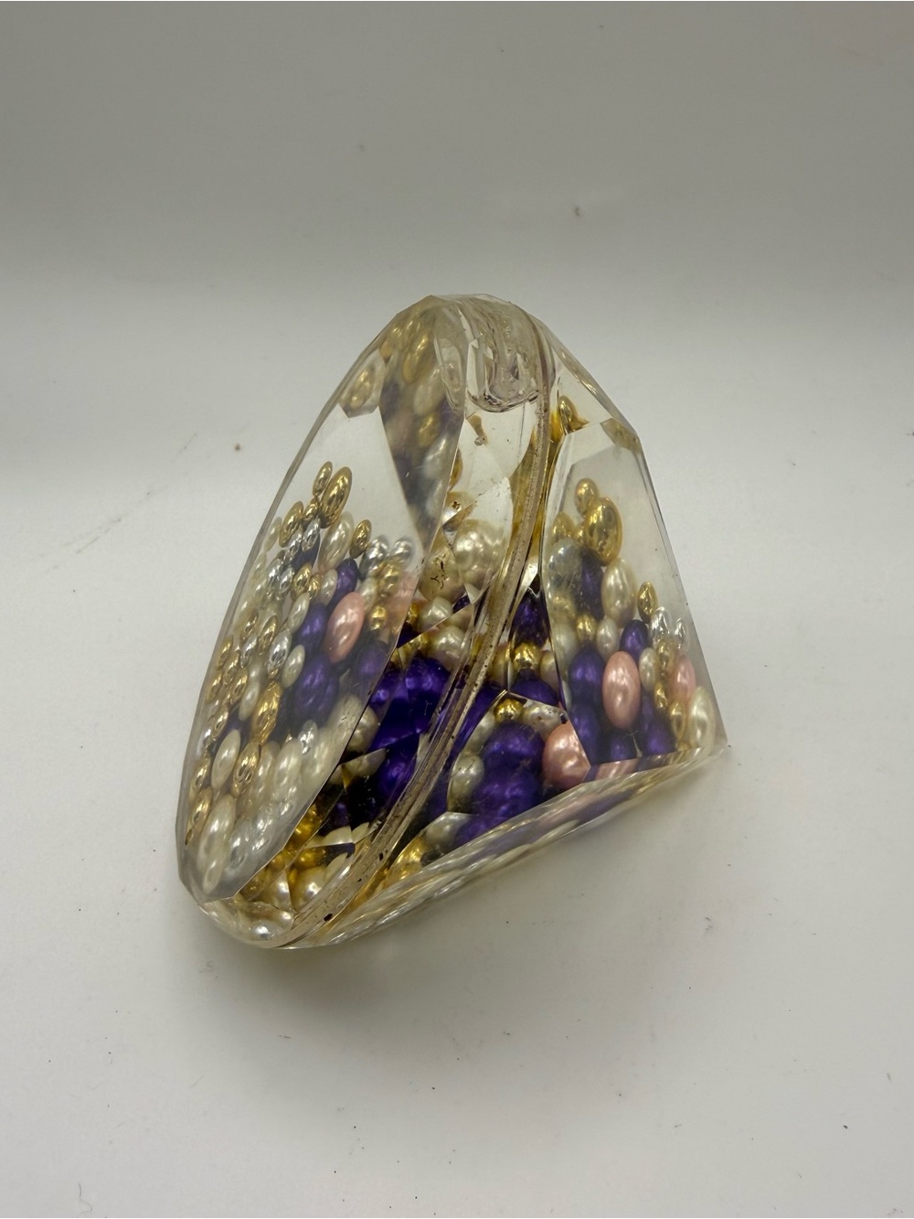Vintage Desk Lucite Purple Pink Gold Diamond Shape Beaded Paperweight Decorative